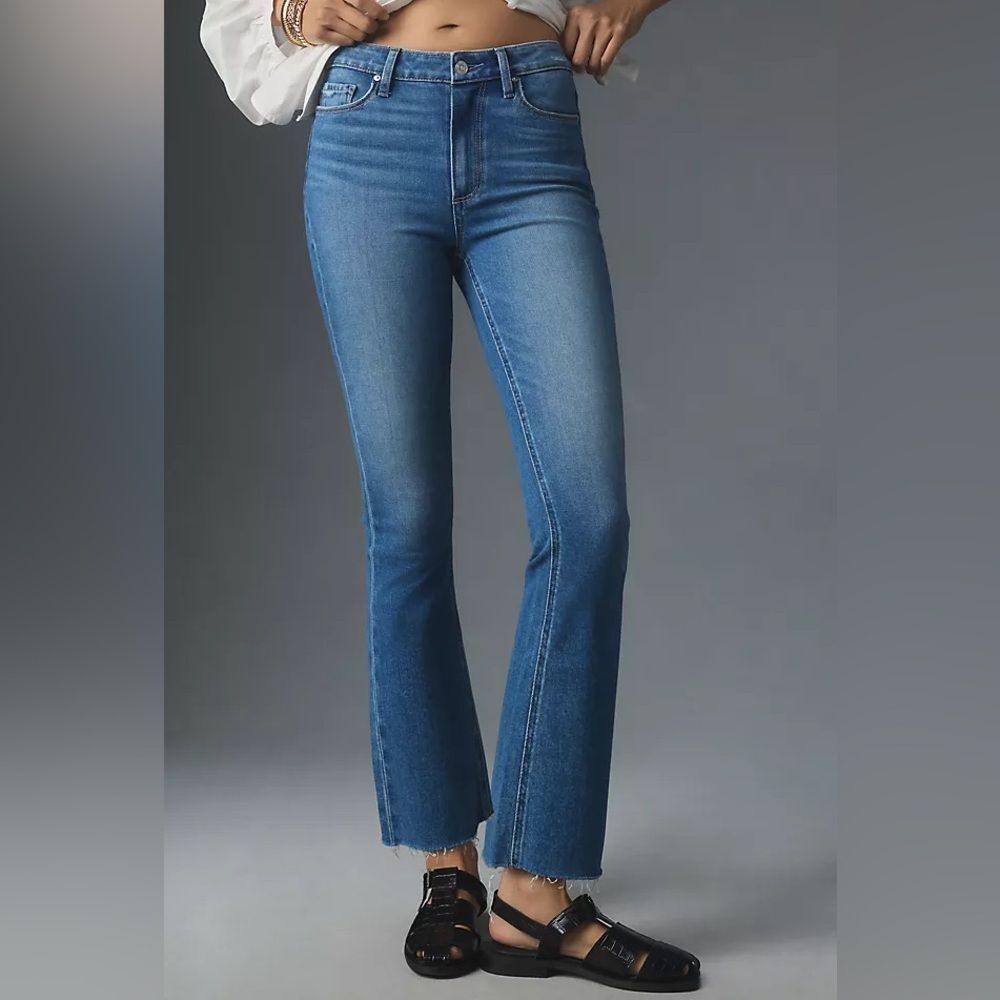 Anthropologie Paige Colette Mid-Rise Raw Hem Crop Flare Jeans Medium Wash 27